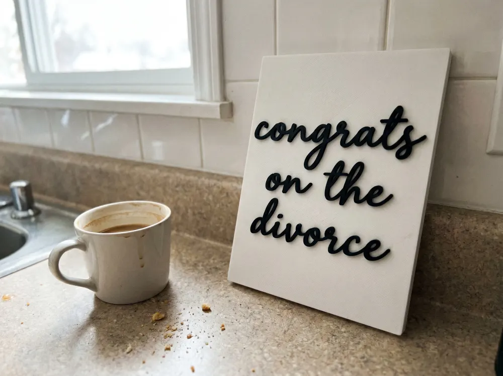 A 3D-printed Thudletter slab with raised handwritten lettering reading 'congrats on the divorce', shown in a real home setting.