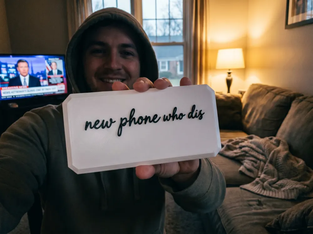 A 3D-printed Thudletter slab with raised handwritten lettering reading 'new phone who dis', shown in a real home setting.