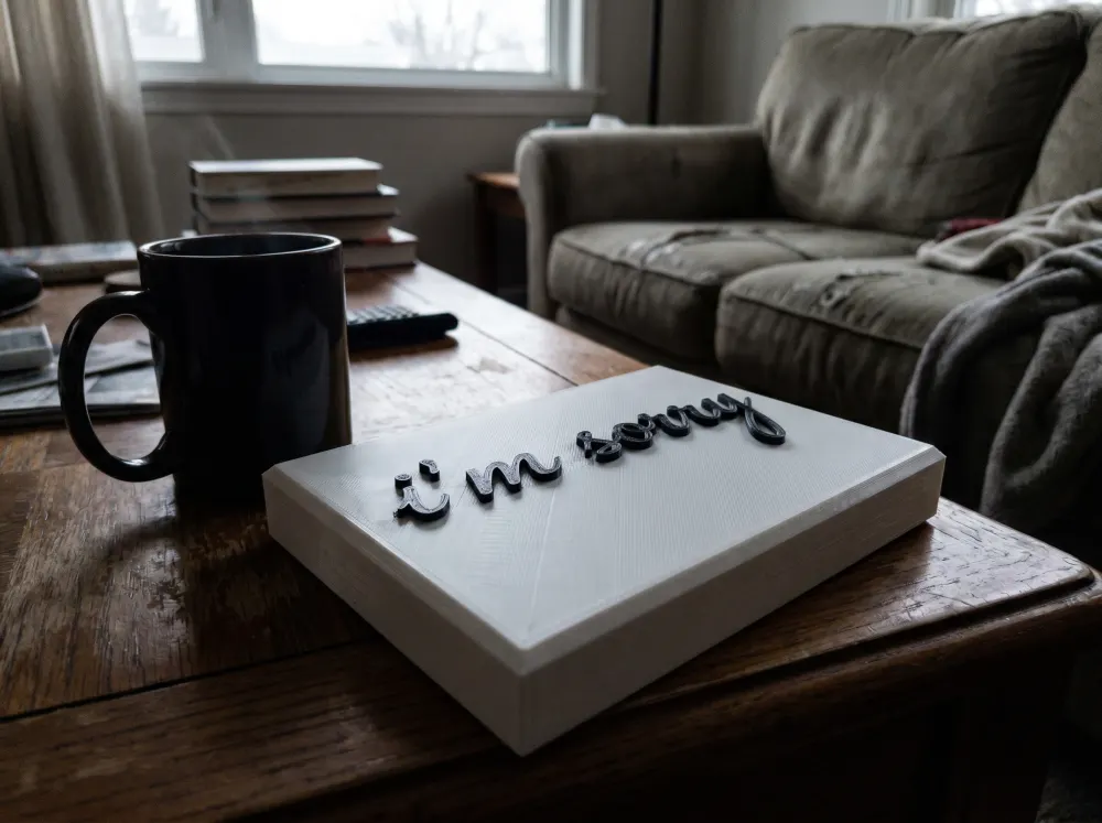 A 3D-printed Thudletter slab with raised handwritten lettering reading 'i'm sorry', shown in a real home setting.