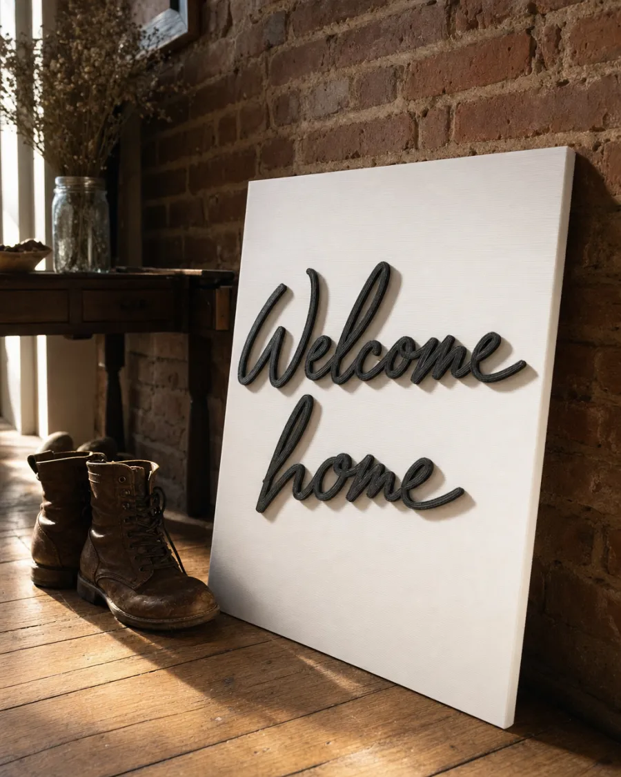 A large 3D-printed plastic slab reading 'Welcome home' leaning against an exposed-brick wall.