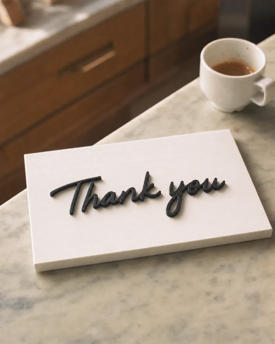 A small 3D-printed plastic slab with handwritten 'Thank you' next to an espresso cup.